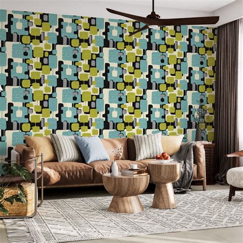 mid century modern wallpaper etsy