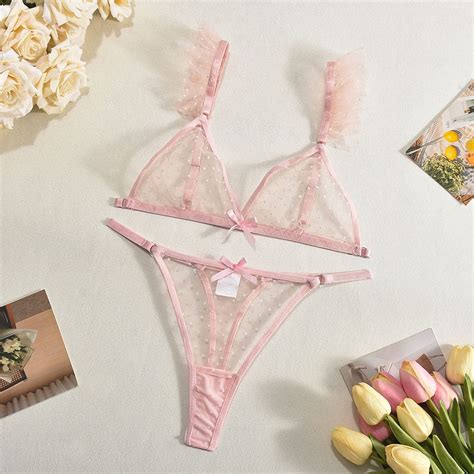 Generic Popular Polka Dot See Through Bow Sexy Seduction Three Point Sexy Lingerie Suit Women