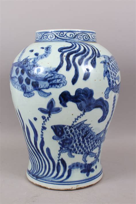 A Large Chinese Blue And White Porcelain Koi Carp Fish Vase The Body