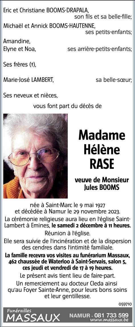 Avis De Décès De Hélène Rase Décédé Le 29112023 à Namur Annonce