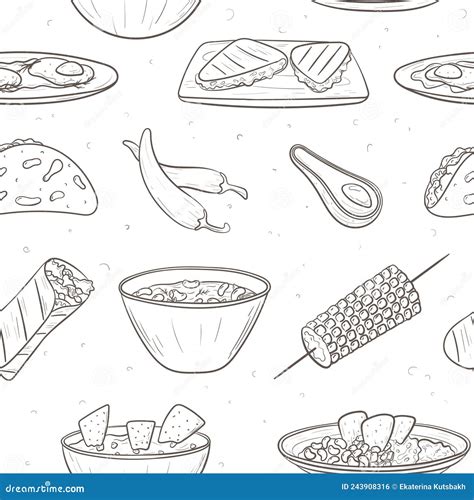 Vector Seamless Pattern With Doodle Mexican Spicy Food Stock Vector