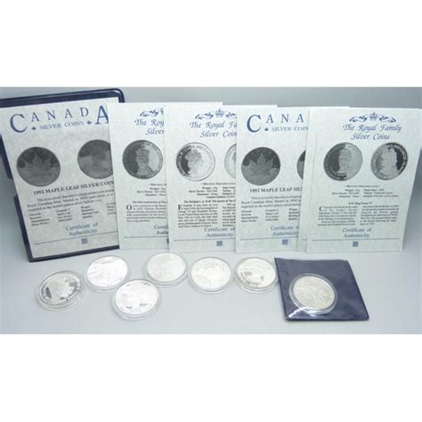 Seven 999 Pure Silver Commemorative Coins With Certificates 5 X 34g