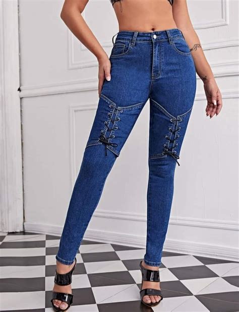 High Waist Lace Up Skinny Jeans Random Design Lazada Ph