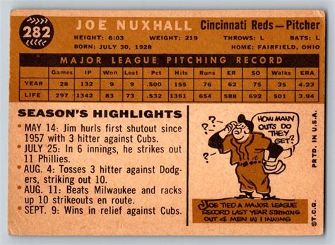 Joe Nuxhall 1960 Topps Baseball Card 282 Cincinnati Reds Ex Ebay