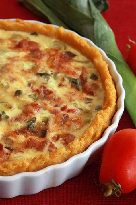 Bacon Leek And Roasted Tomato Quiche With Polenta Crust