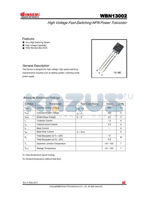 WBN13002 Datasheet High Voltage Fast Switching NPN Power Transistor