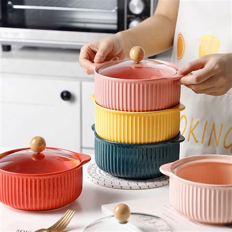 Vi I Striped Nordic Colorful Ceramic Double Ear Microwavable Ramen Bowl