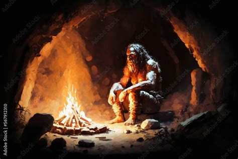 Caveman Around The Fire Created With Generative AI Technology Stock