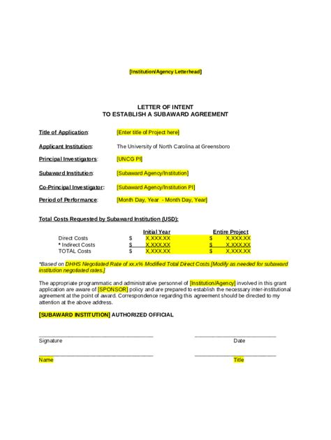 New Subrecipient Letter Of Intent S UNC Research Doc Template PdfFiller