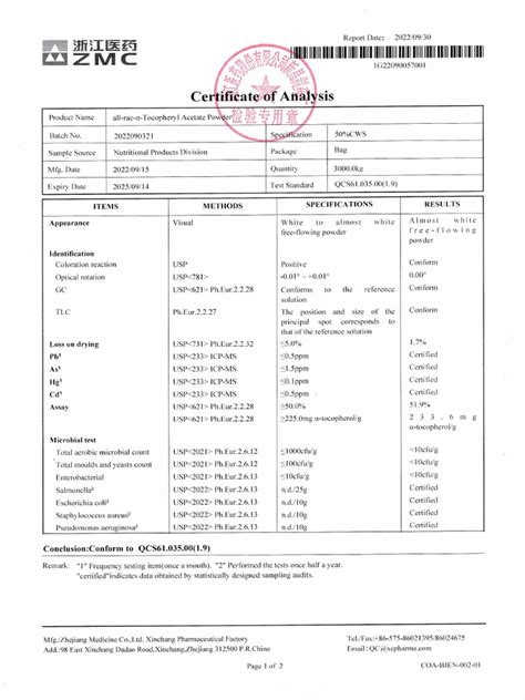 Vitamin E Acetate Powder 50 Zmc Batch No 2022090321 Pdf