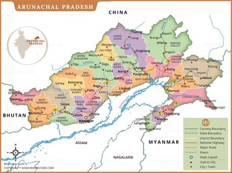 arunachal pradesh map  districts borders cities roads rivers