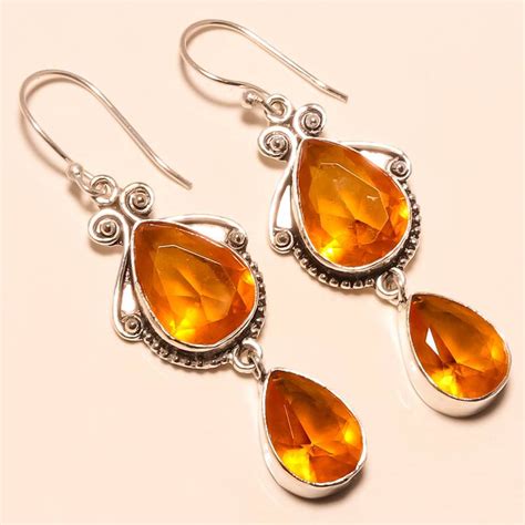 Yellow citrine gemstone 925 silver jewelry earring 2.34" - SILVER ...