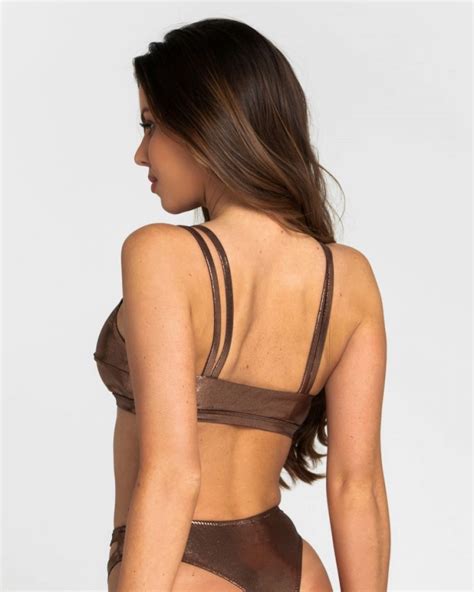 Shiny Brown Without Push Up Bikini Top With U Cut Out Under Bust L