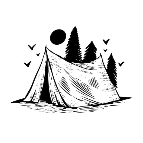 Premium Vector A Black And White Drawing Of A Tent With Trees And A