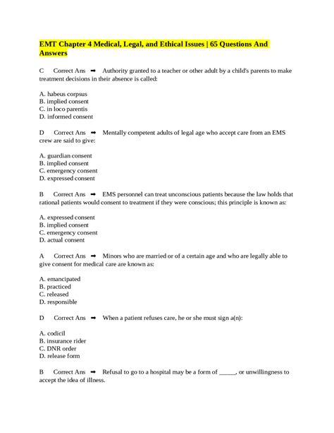 EMT Chapter 4 Medical, Legal, and Ethical Issues | 65 Questions And