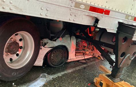 Car Obliterated After Going Under Semi Truck In Portland Highway Ramp Crash Driver Survives