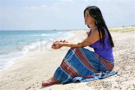Beautiful Brunette Girl On The Sandy Beach In The Summer Stock Image Colourbox