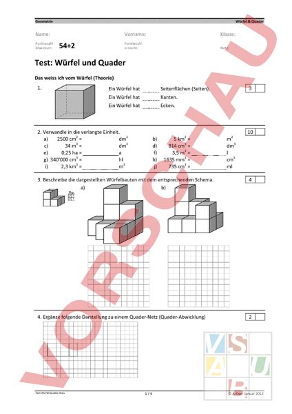 Arbeitsblatt Test W Rfel Und Quader Geometrie K Rper Figuren