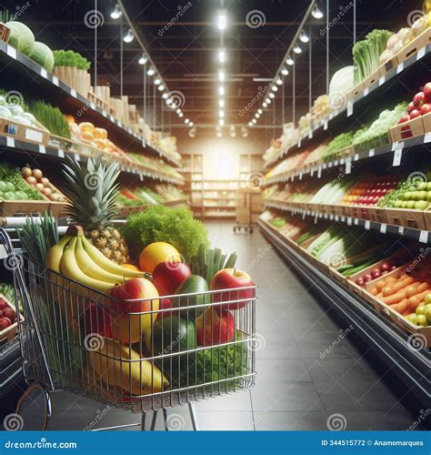 Vibrant Grocery Store Aisle with a Full Shopping Cart of Fresh Produce