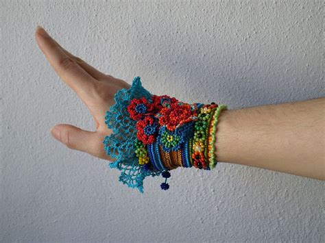 Freeform Crochet Cuff Bracelet With Beaded Crochet Flowers And Blue