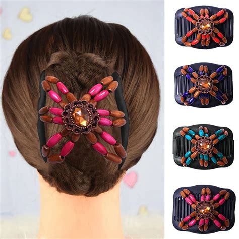 New Double Bead Hair Comb Retro Magic Hair Clip Elastic Beads Hairpin Stretchy Hair Combs For