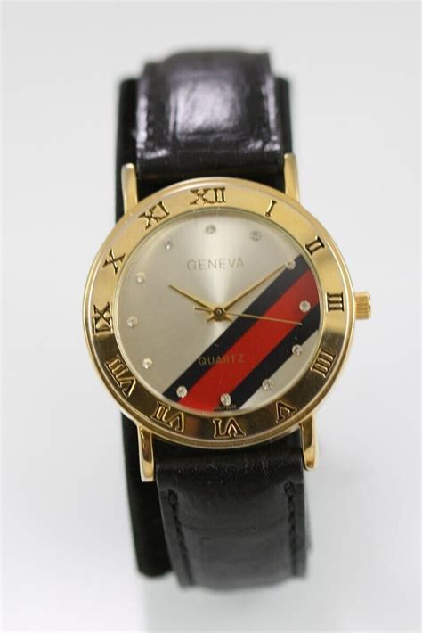 Geneva Men Watch Gold Stainless Steel Wr Black Leather Battery Red Quartz Ebay