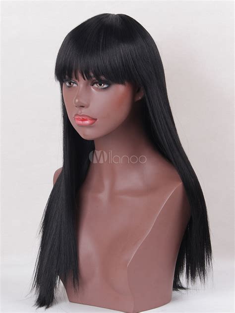 Black Hair Wigs Womens Heavy Bang Long Straight Tousled Synthetic Wigs