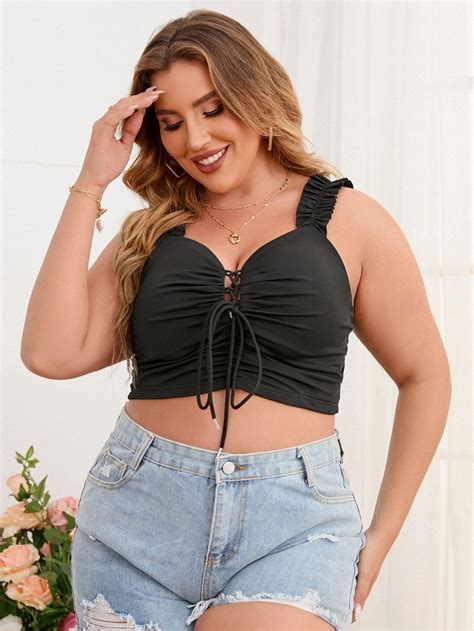 Plus Lace Up Front Frill Trim Cami Top Curvy Tops Plus Size Tank Tops Cami Tops