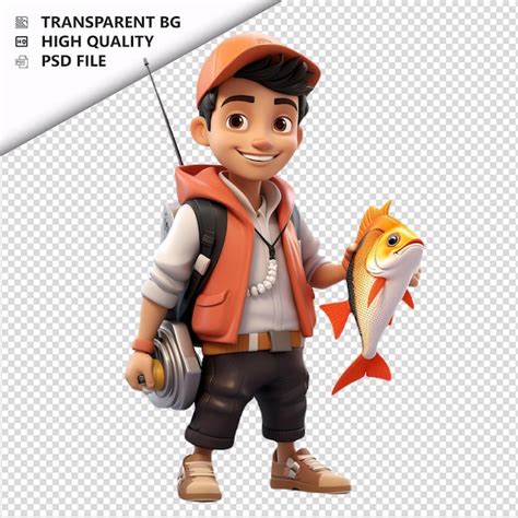 Premium Psd Asian Man Fishing 3d Cartoon Style White Background Isola