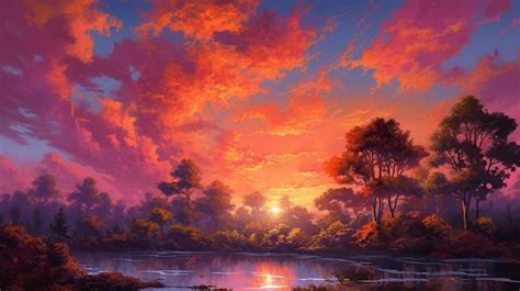 Premium AI Image | A painting of a sunset over a lake