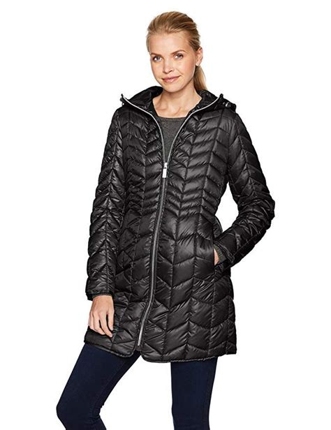 Kenneth Cole Women S Hooded Chevron Quilted Lightweight Puffer With