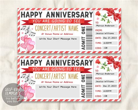 Concert Ticket Gift Voucher Ticket Editable Template, Anniversary Surp ...