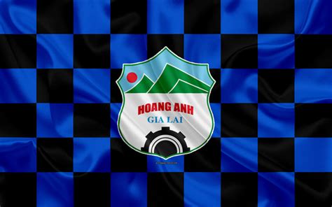 Download wallpapers Hoang Anh Gia Lai FC, 4k, logo, creative art, black and blue checkered flag ...