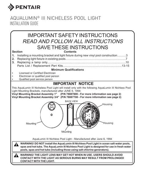 Pentair Pool Light Installation Instructions Shelly Lighting