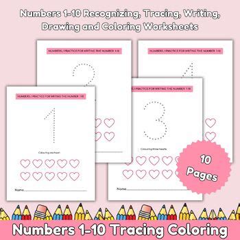 Numbers 1-10 Recognizing, Tracing, Writing, Drawing and Coloring Worksheets