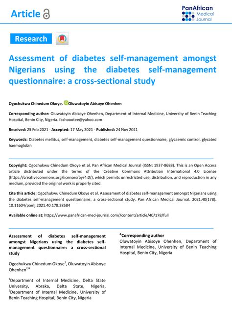 Pdf Assessment Of Diabetes Self Management Amongst Nigerians Using The Diabetes Self