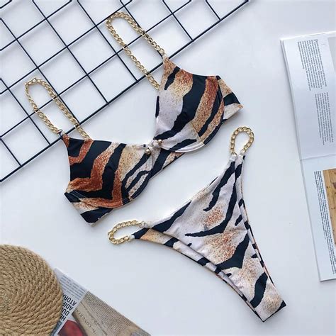 Buy Metal Chain Tanga Bikini Sexy Two Piece Swim Suit Woman Padded