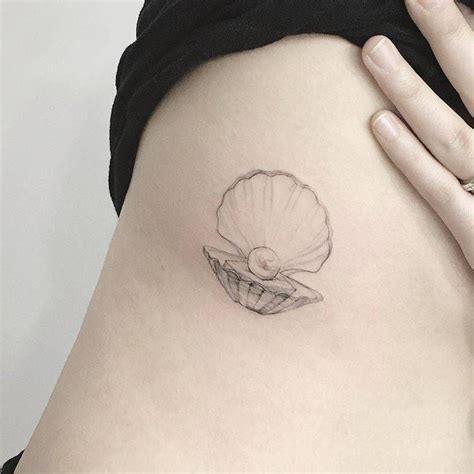 Single Needle Oyster Tattoo On The Right Side Ribcage Pearl Tattoo