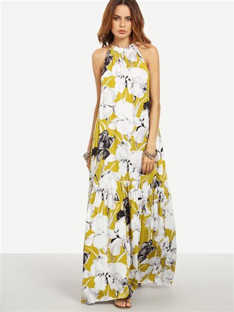 SHEIN Flower Print Halter Neck Full Length Beach Dress Maxi Dress