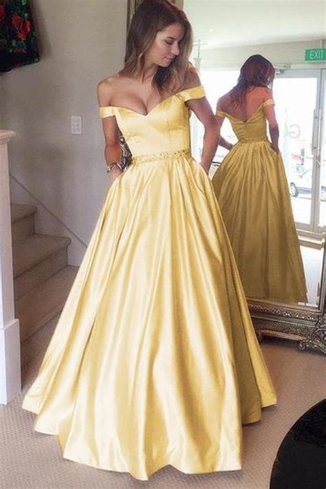 Fashion Off The Shoulder Light Yellow Satin Long Prom Dresses Formal