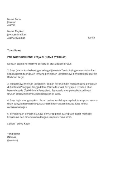 Contoh Surat Berhenti Kerja Ikut Format Rasmi Notis Jam