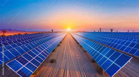 Expansive Solar Panel Farm In Sunlit Desert Landscape Harnessing Renewable Energy For