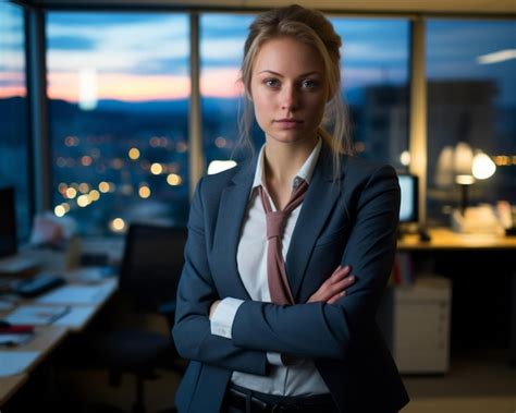 Premium Ai Image A Woman In A Suit And Tie Standing In Front Of A Window