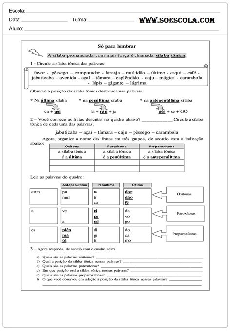 Classificação Das Palavras Quanto A Sílaba Tônica Exercícios