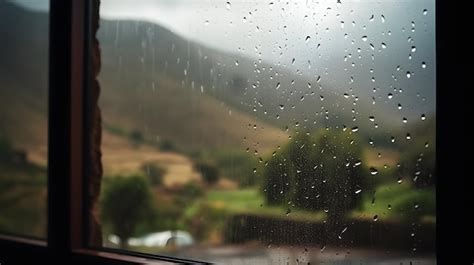 Gotas De Chuva Na Janela Vista Para A Montanha Na Ia Generativa De