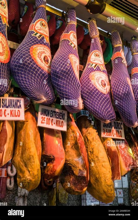 Spanish Hams Jamon Iberico Hanging In A Charcuterie I Madrid Spain