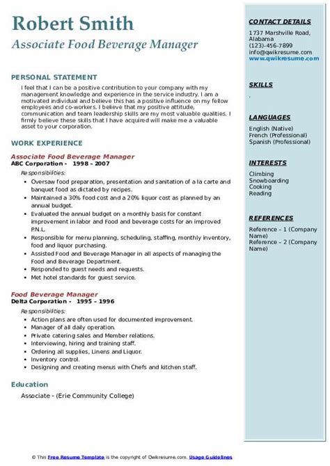 Food Beverage Manager Resume Samples QwikResume