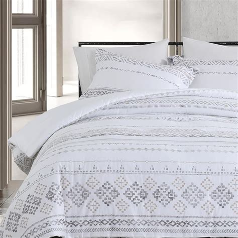 Finlonte Boho King Comforter Set Grey Striped White Bedding Comforter Set 3 Pieces