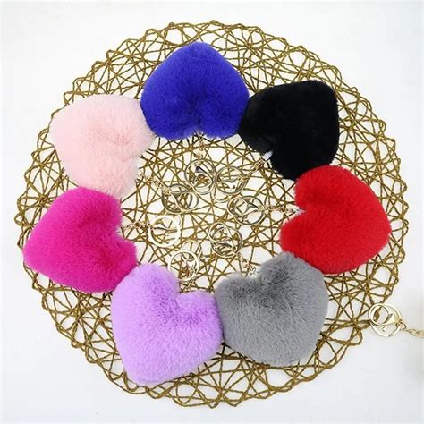 Fluffy Faux Rabbit Fur Heart Ball Pom Pom Fluffy Keychain Womens Bag Pendant Jewelry Key Buckle