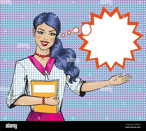 Vector Illustration Of Beautiful Woman Showing Or Advertising Something Speech Bubble Retro